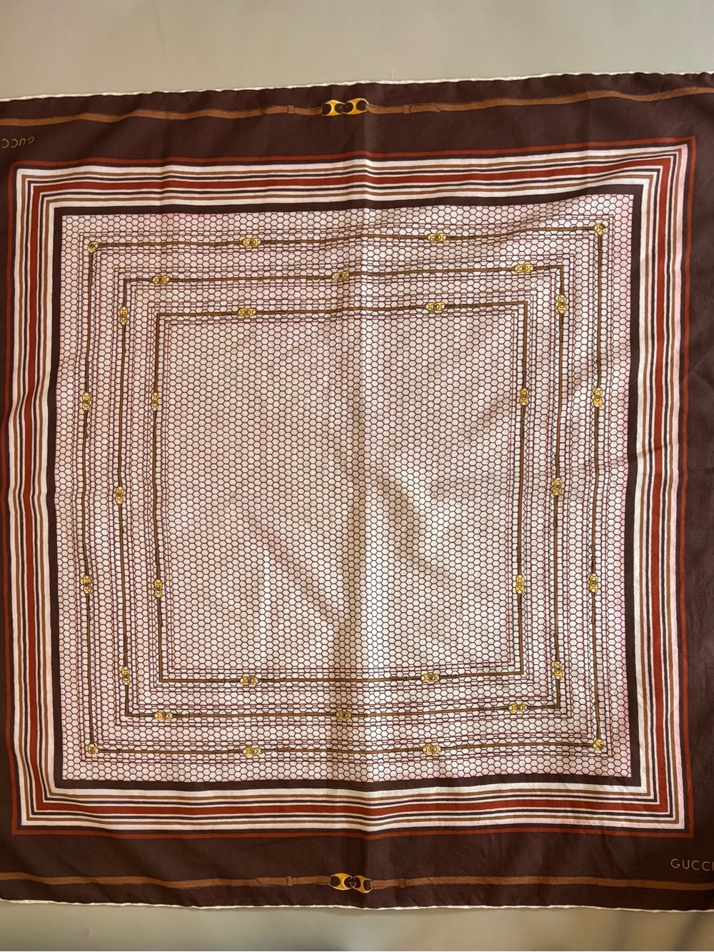 Gucci Brown Cream & Gold Cotton Geometric Square Scarf